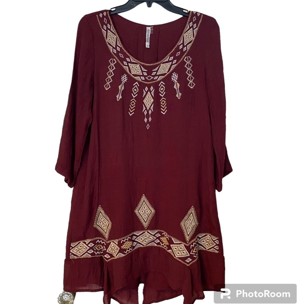 Monoreno Tunic Dress Boho Top Burgundy Non Iron M - Picture 2 of 13
